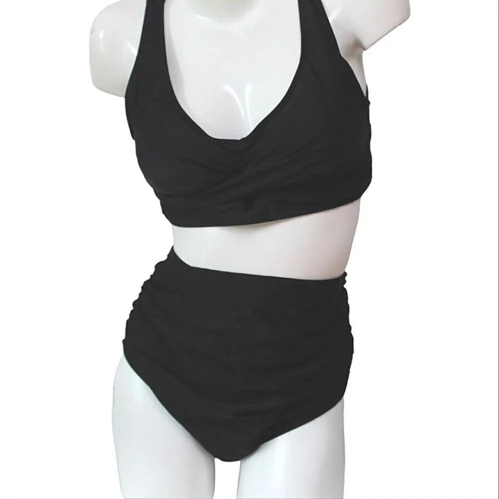 retro style rouched black high waisted swimsuit large